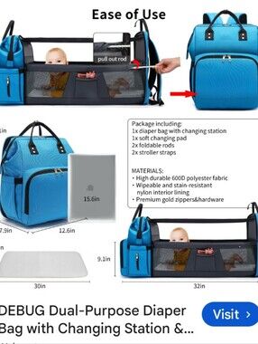 DEBUG Dual-Purpose Diaper Bag with Changing Station & Bassinet, Blue NWT